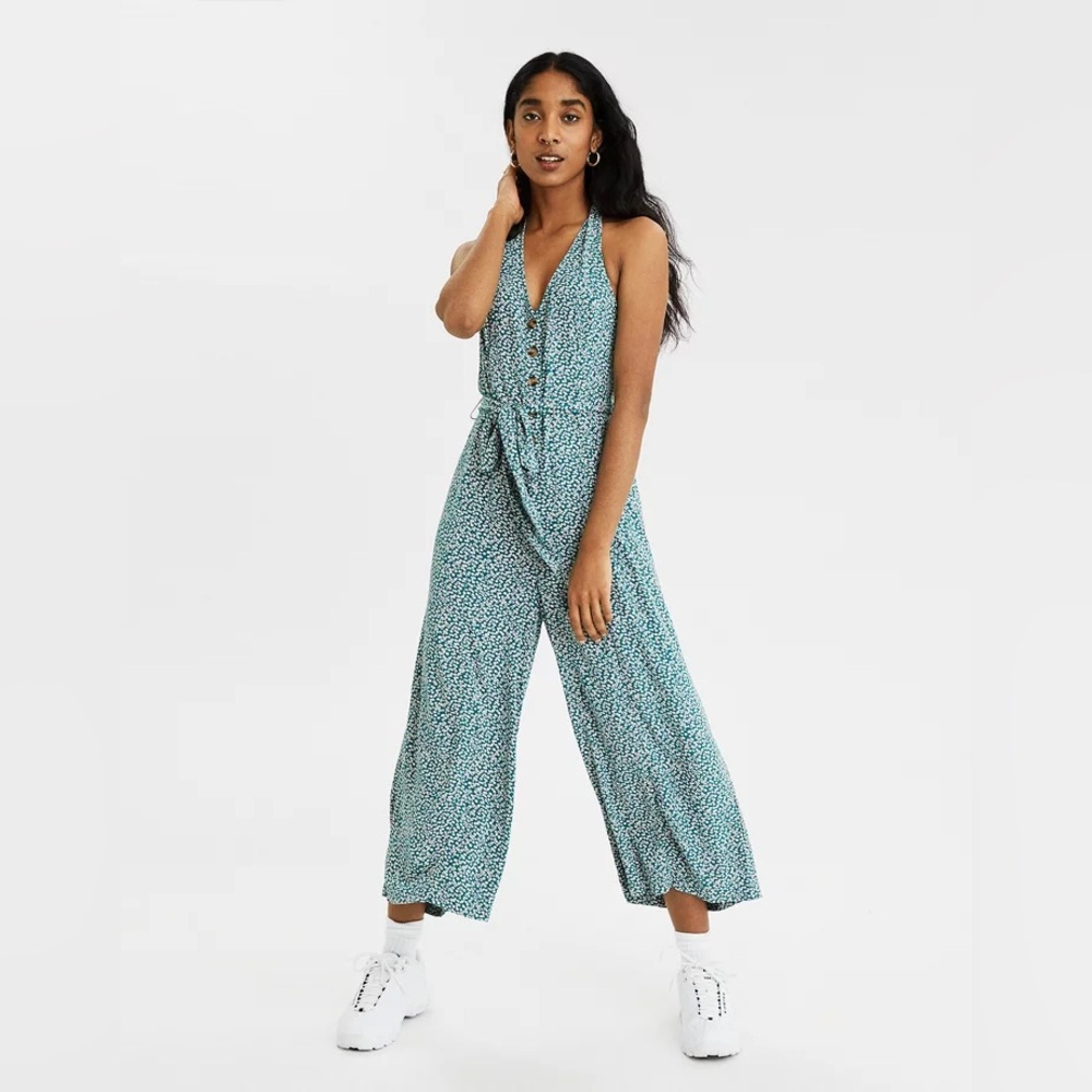 American Eagle Ditsy Floral Halter Jumpsuit Smocked Wide Leg Green S